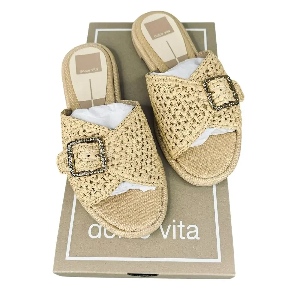 Dolce Vita NEW Alonzo Natural Raffia Buckle Slide Flat Sandal Size 7